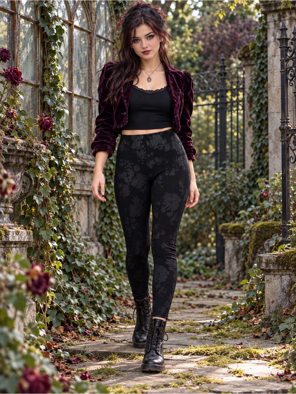 Mixit Black on Black Floral Leggings L | Dark Academia